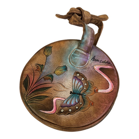 Vintage Anuschka painted leather small round handbag butterflies and flowers - Picture 2 of 11